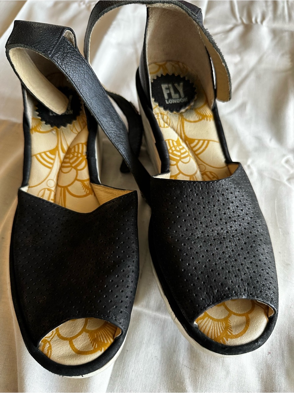 Fly London Black Perforated Open-Toe Wedge Sandals